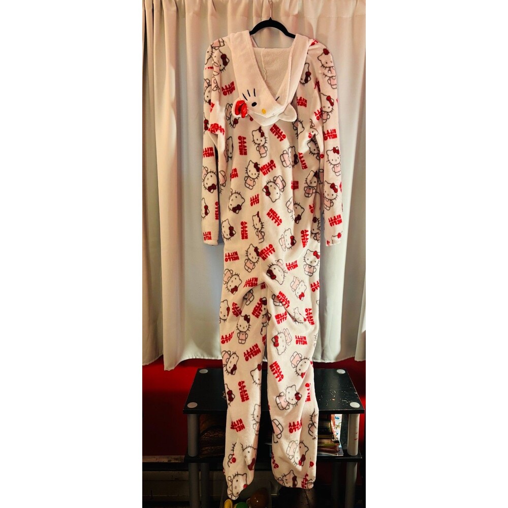 Hello Kitty Adult XL Fleece Hood One-Piece Zip up Pajamas Sleepwear Sanrio - Picture 6 of 7